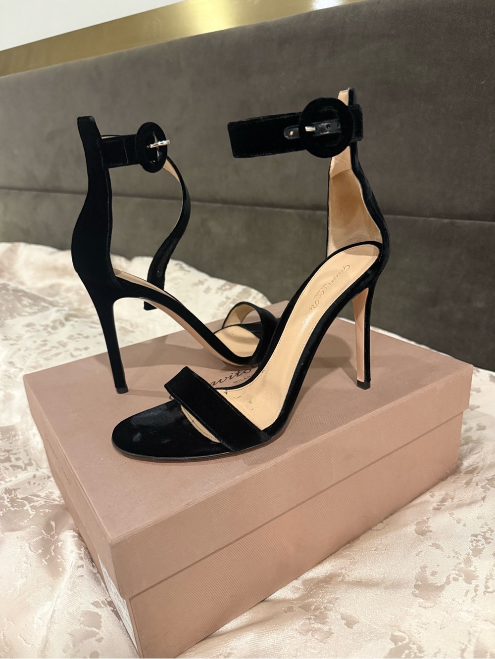 Gianvito Rossi Black Velvet Ankle-Strap Stiletto Sandals worn once